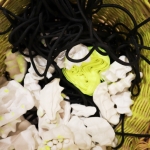Detail of Collection (Negatives of a Touch, Could Be Seashells) and a Black Line, 2024, acrylic, clay, wire, basket.