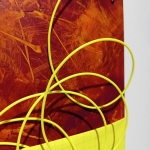 Detail of 3rd Space: Traces, 2025, acrylic, ink, fabrics, plastic, nails, 25 x 18 x 5 cm