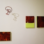 Few 3rd  Space (Place for Memories and Precious Stones)  paintings in the group exhibition Silent but  in HAA Gallery, 2024.  Here accompanied by the  sculpture of Anna Hyrkkänen. 