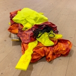 Painting (Dormant State), 2024, acrylic, ink, wood, metal, fabrics, wire, clay, shoes. Photo: Paavo Lehtonen.