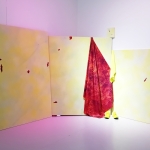 Painting Performing Painting, 2025, acrylic, ink, fabrics, nails, clay, plastic string, deep printing (running shoes - about 400 km)