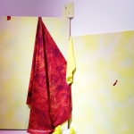 Painting Performing Painting, 2025, acrylic, ink, fabrics, nails, clay, plastic string, deep printing (running shoes - about 400 km)