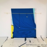 Invitation for Intervention, 2023, acrylic, ink, wood, shoe laces, polyester, cotton, clay,  metallic supporters, 170 x 170 x 7 cm 