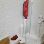 Small Super Activators, acrylic, wood, polyurethane, sizes vary, 2021 -> Series of small objects of bright colour placed in the space, activating the less obvious corners and locations.