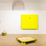 Left on the floor: Collection (Negatives of a Touch, Could Be Seashells) and a Black Line, 2024. On the wall: Tummelplatz (Solo), 2024, acrylic, ink, wood, fabrics, 160 x 160 x 4 cm. On the floor, front: Tummelplatz (Factors), 2024, clay, wood, ink, acrylic. Copper sculptures on the wall by Anna Hyrkkänen. Photo: Paavo Lehtonen.