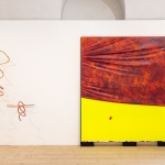 Tummelplatz (Mumbling), 2024, acrylic, wood, fabrics, 200 x 180 x 10 cm. On the left side works by Anna Hyrkkänen. Photo: Paavo Lehtonen.