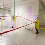 Virhemarginaali - Margin of Error, 2025. Performative acts with/in the installation. Collaborative work with Anna Hyrkkänen and Katri Mononen. Taidekeskus Mältinranta.
